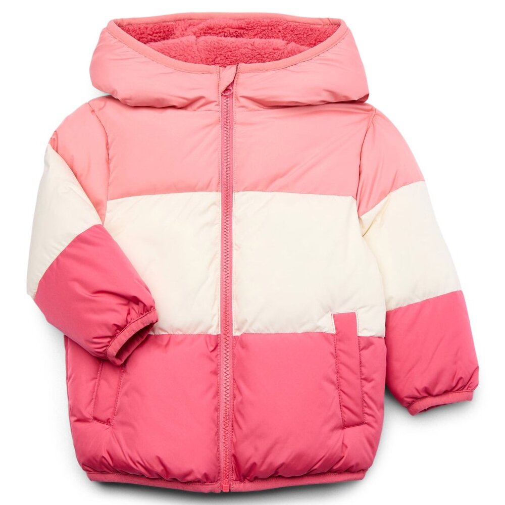 ❄️ Swiss Tech Baby Girls Size 12M Pink White Striped Puffer Coat Jacket NEW - Picture 1 of 3